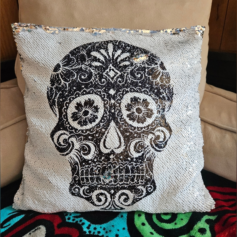 Sugar Skull Sequined Pillow